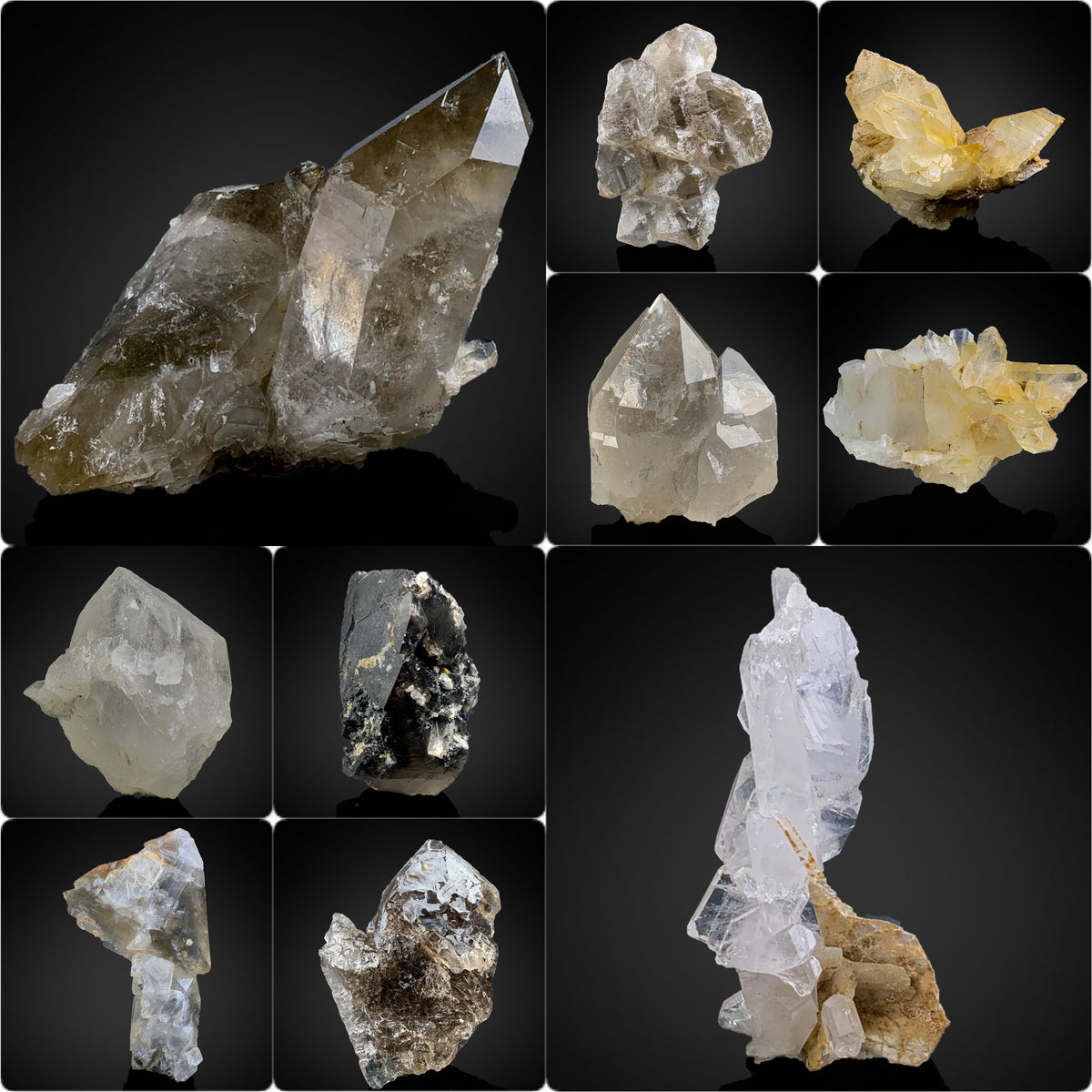 Smoky, Faden, Clear, Iron Coated & Black Rutile Quartz Lot from Pakistan – 1,339 g