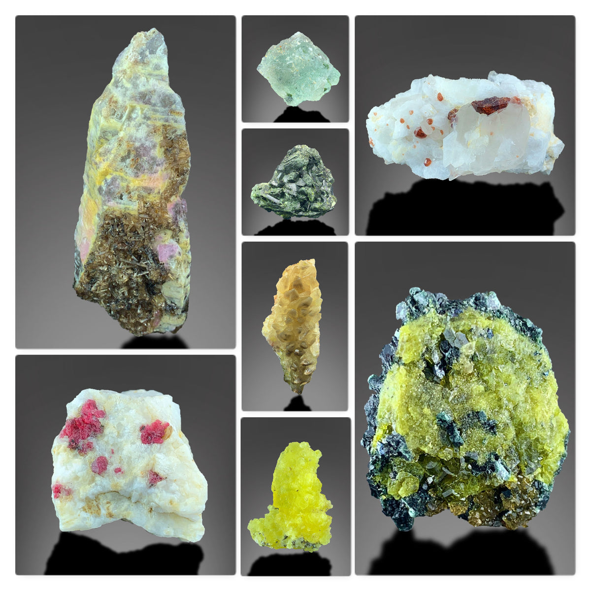 Brucite Quartz Spinel Vesuvianite Epidote Fluorite Crystal Specimen Lot – 8 Pieces
