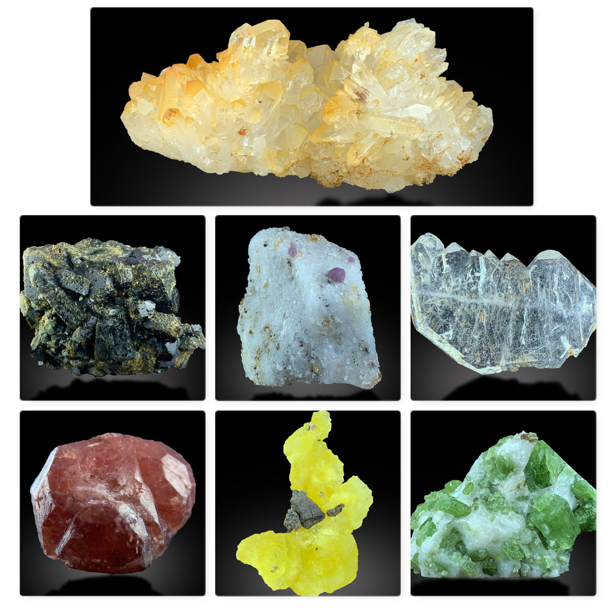 Diopside Spinel Faden Quartz Brucite Garnet Epidote Mixed Mineral Lot – 7 Pieces