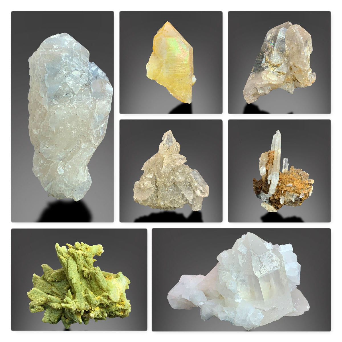 Mixed Quartz Mineral Lot – Chlorite Quartz, Rainbow Quartz, Blue Quartz, Iron Coated Quartz & Laser Quartz