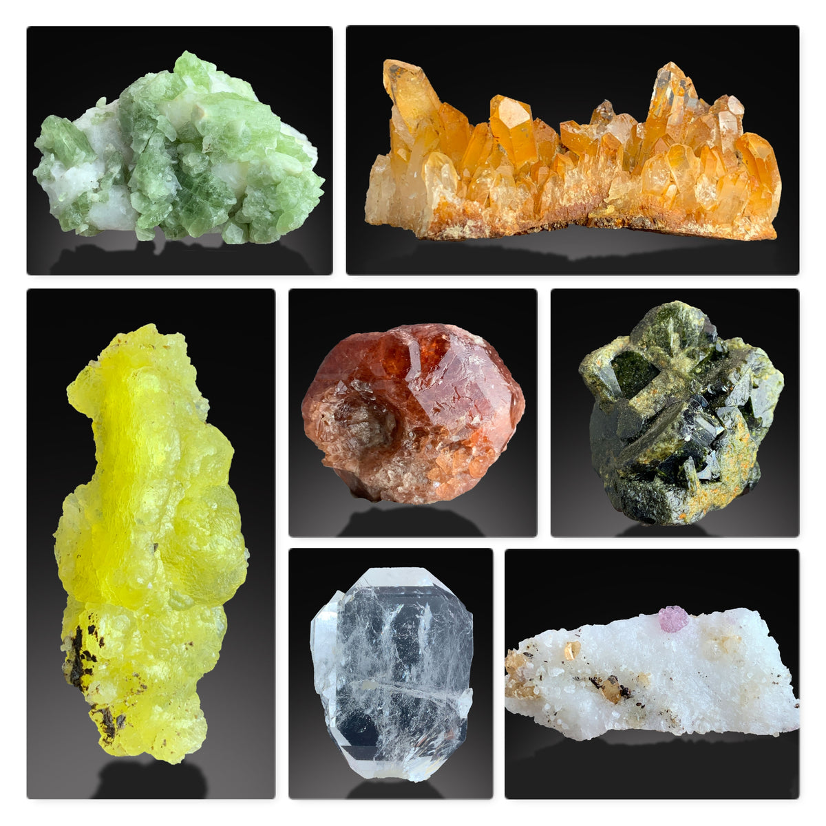 Brucite Faden Quartz Garnet Epidote Spinel Diopside Mixed Mineral Lot – 7 Specimens
