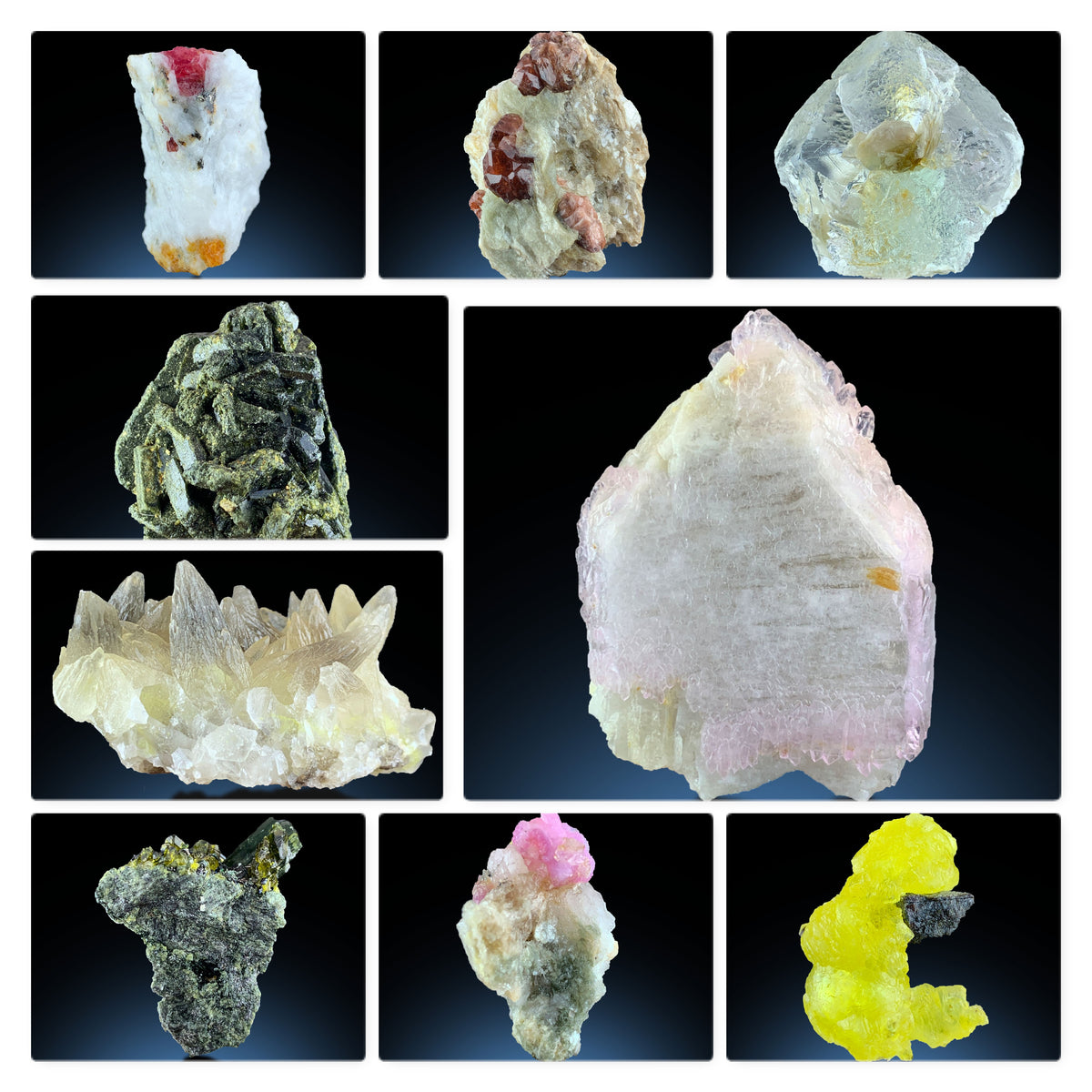 Brucite Rose Quartz Fluorite Calcite Garnet Vesuvianite Ruby Corundum Epidote Mineral Lot – 9 Pieces
