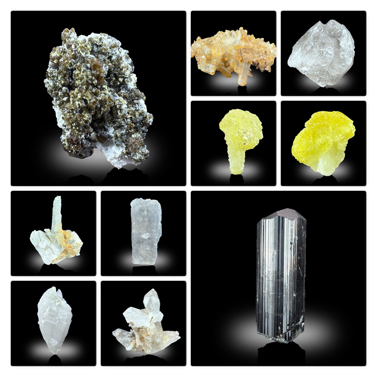 Mixed Minerals Andradite Garnet, Blue Quartz, Rutile Quartz, Smoky Quartz, Tourmaline, Brucite