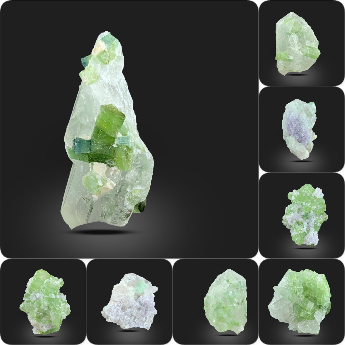 Green Tourmaline on Matrix with Quartz Specimens from Pakistan – 68 g | 6 Pieces