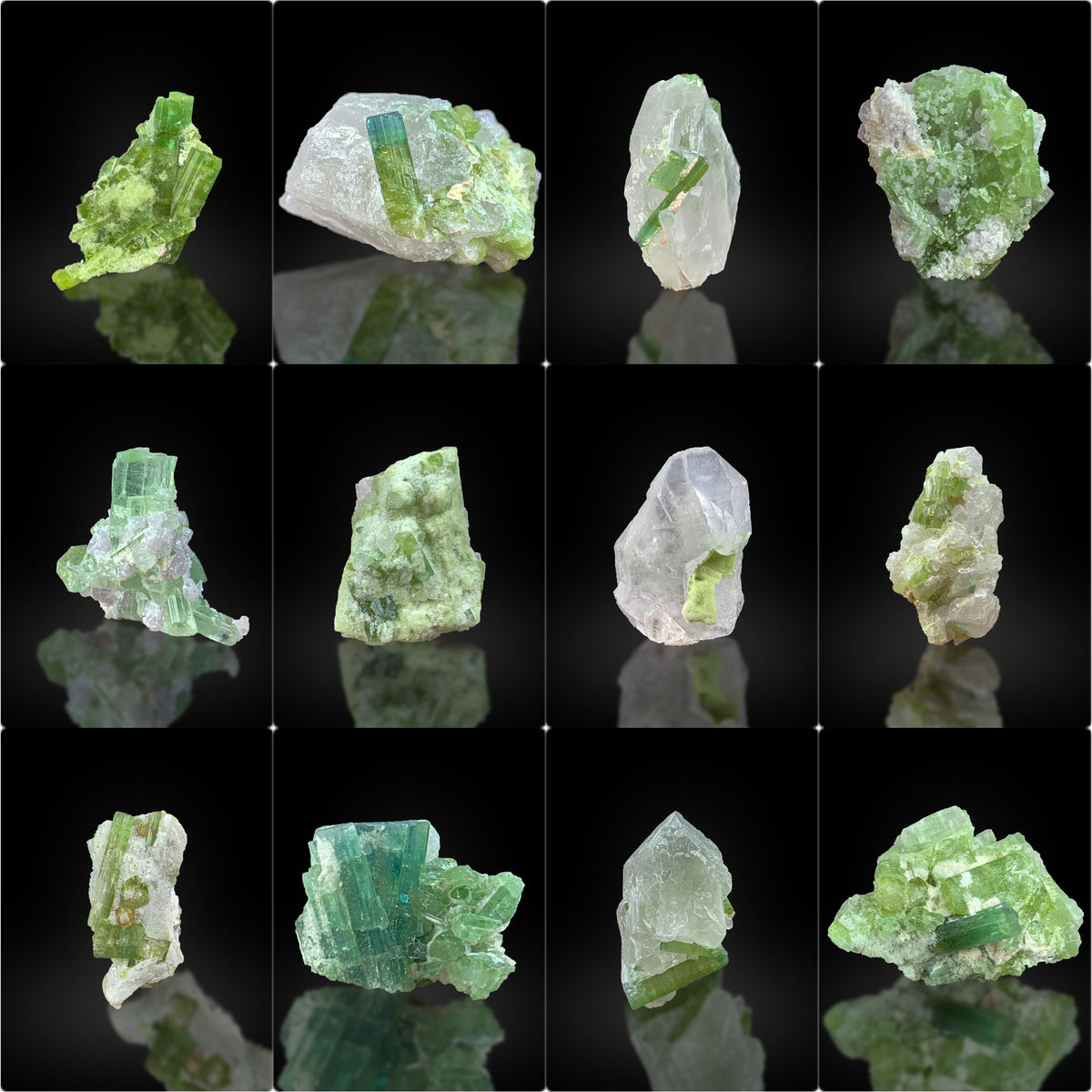 Green Tourmaline on Matrix with Quartz from Afghanistan – 63 g | 12 Pieces